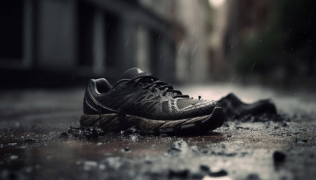 Old sports shoe ruined by rain and mud, unhygienic and dirty generated by artificial intelligenceの素材