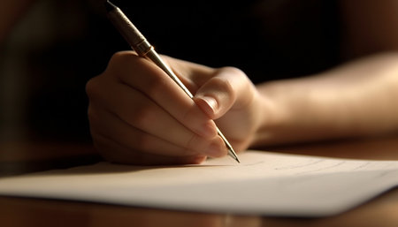 Hand holding pencil, writing on paper, studying at desk generated by artificial intelligenceの素材