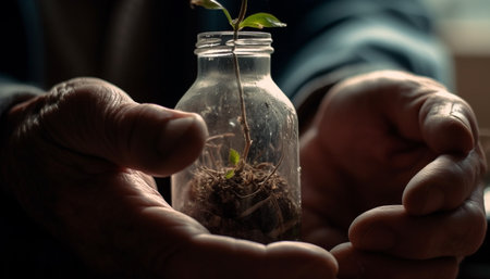Hand holding seedling, nurturing growth for new life and success generated by artificial intelligenceの素材