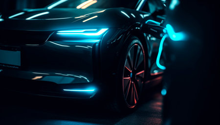 Shiny sports car in blurred motion, illuminated by blue headlights generated by artificial intelligenceの素材
