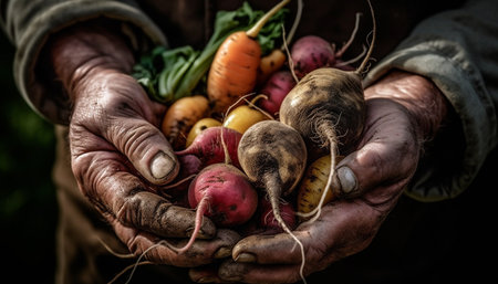 Organic farmer holding fresh vegetables, working outdoors in rural scene generated by artificial intelligenceの素材
