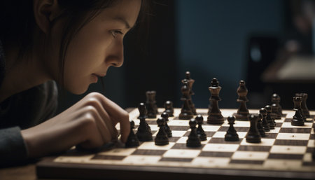 Intense concentration, strategic planning, and playful competition on chess board generated by artificial intelligenceの素材