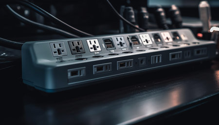 Modern technology connects industry with global communications in a futuristic way generated by artificial intelligenceの素材
