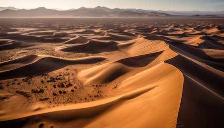 Rippled sand dunes in arid Africa, a majestic wilderness adventure generated by artificial intelligenceの素材