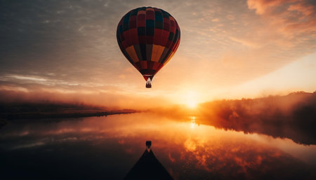 Hot air balloon flying over nature tranquil scene at sunset generated by artificial intelligenceの素材