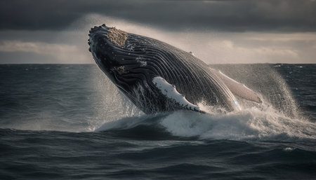 Majestic humpback breaches, tail fin soaring, in blue seascape generated by artificial intelligenceの素材