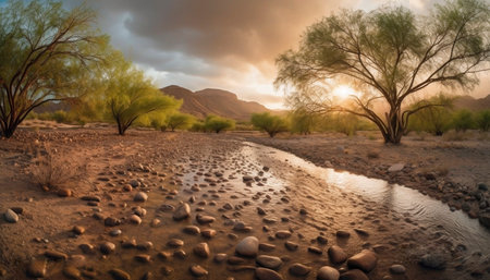 A tranquil scene of a dry African landscape at dusk generated by artificial intelligenceの素材