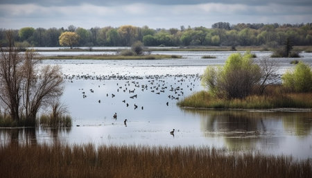 Tranquil scene of animals in the wild by the wetland generated by artificial intelligenceの素材