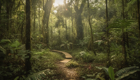 Tranquil footpath winds through lush tropical rainforest, a natural beauty generated by artificial intelligenceの素材