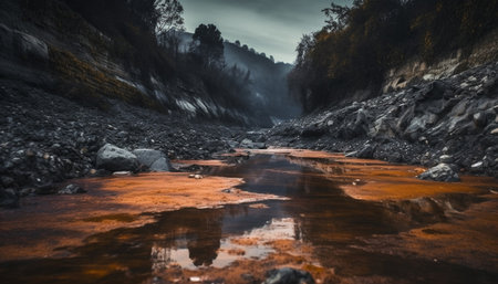 Tranquil scene of a mountain range with flowing water reflection generated by artificial intelligenceの素材