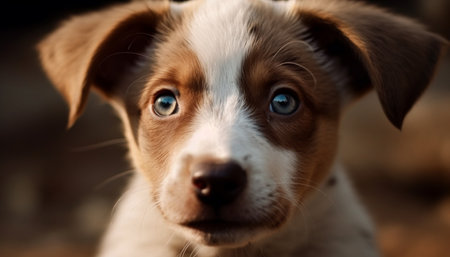Cute puppy sitting outdoors, looking at camera with sad eyes generated by artificial intelligenceの素材