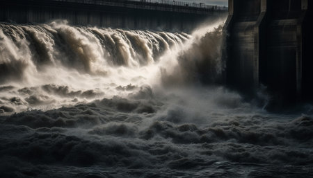 Hydroelectric power station generates electricity from flowing water in nature generated by artificial intelligenceの素材