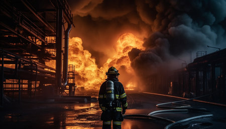 Hardhat firefighter standing outdoors, battling dangerous flames at burning refinery generated by artificial intelligenceの素材