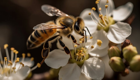 Busy honey bee collecting pollen from a single yellow flower generated by artificial intelligenceの素材