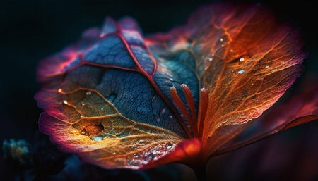 Vibrant autumn foliage reflects in dew drops on leaf veins generated by artificial intelligenceの素材