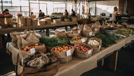 Fresh organic fruits and vegetables for healthy eating at supermarket generated by artificial intelligenceの素材