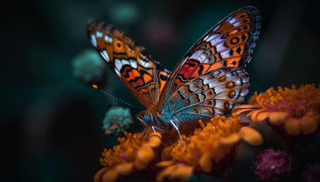Vibrant butterfly wing in multi colored pattern on yellow flower generated by artificial intelligenceの素材