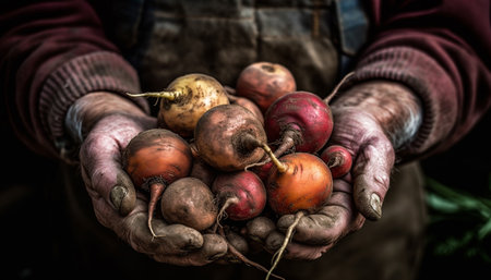 Rural farmer holding fresh vegetables, harvesting nature bounty outdoors generated by artificial intelligenceの素材