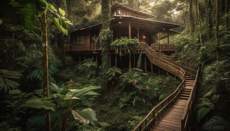 Tropical rainforest hut on a footpath near a mountain bridge generated by artificial intelligenceの素材