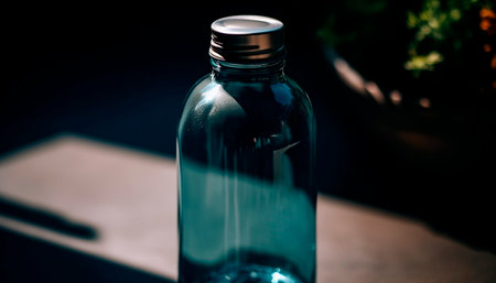 Transparent glass bottle with fresh water, back lit on table generated by artificial intelligenceの素材