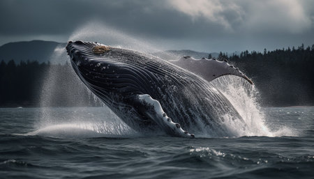 Majestic humpback whale breaches, splashing in blue sea waves generated by artificial intelligenceの素材