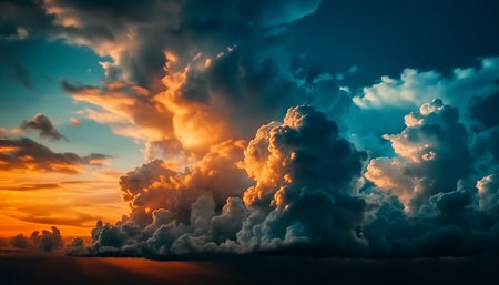 Vibrant sunset sky, fluffy cumulus clouds, nature beauty panoramic view generated by artificial intelligenceの素材