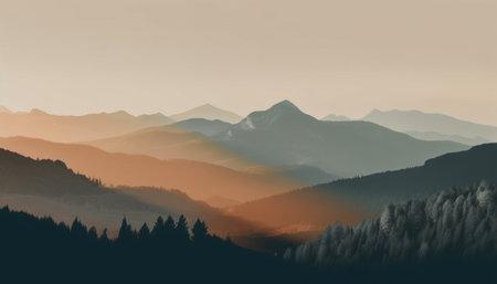 Majestic mountain range silhouetted at dawn, a tranquil scene generated by artificial intelligenceの素材