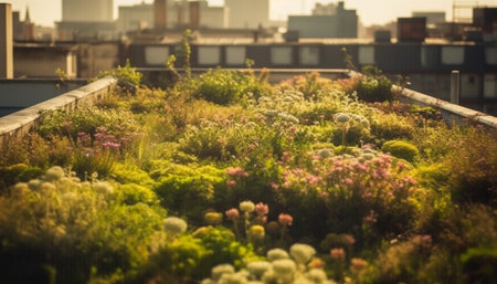 Fresh green plant growth in a meadow with purple flowers generated by artificial intelligenceの素材
