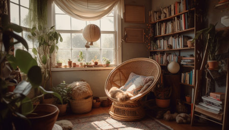Modern domestic interior design with rustic elegance and comfortable relaxation generated by artificial intelligenceの素材