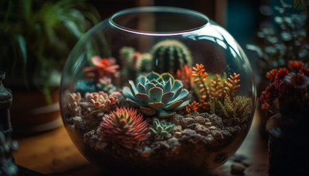 Ornate flower pot showcases single succulent plant in tropical design generated by artificial intelligenceの素材