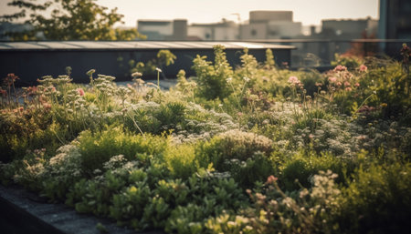 Fresh flower head blossoms in meadow, surrounded by green grass generated by artificial intelligenceの素材