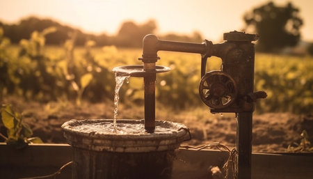 Rusty old machinery in rural scene, working pipeline flowing liquid generated by artificial intelligenceの素材