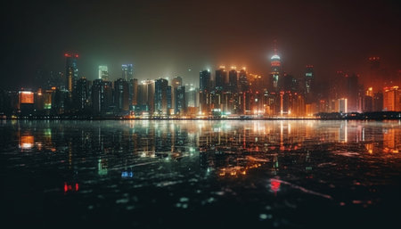 Modern skyline illuminates famous financial district waterfront at twilight generated by artificial intelligenceの素材