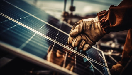 Skilled carpenter holding guitar, working indoors with work tools generated by artificial intelligenceの素材