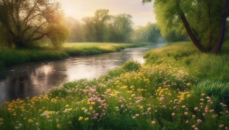 Tranquil meadow, wildflowers bloom in idyllic non urban landscape generated by artificial intelligenceの素材