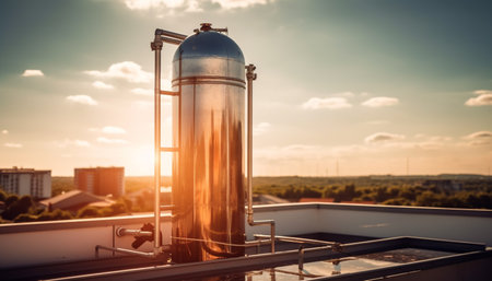 Sunset over petrochemical plant with steel equipment and pipeline technology generated by artificial intelligenceの素材