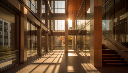 Futuristic office design with modern glass architecture and steel staircase generated by artificial intelligenceの素材