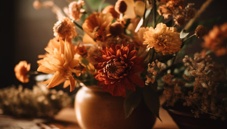 Multi colored bouquet of fresh flowers in old fashioned vase on table generated by artificial intelligenceの素材