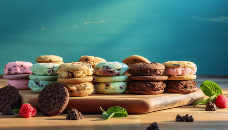 Stack of homemade chocolate chip cookies with raspberry variation on wood table generated by artificial intelligenceの素材