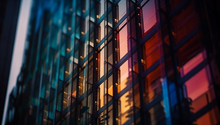 Modern skyscraper reflects vibrant city life in futuristic design generated by artificial intelligenceの素材