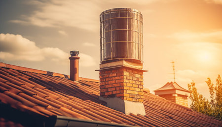 Old factory chimney emits rusty smoke at sunset over abandoned building generated by artificial intelligenceの素材
