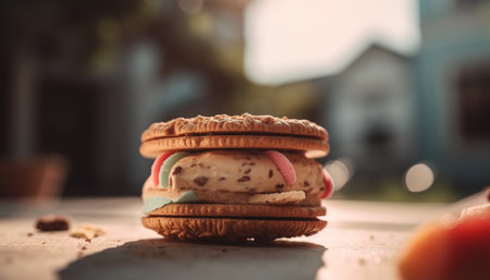 Indulgent homemade dessert chocolate macaroon cookie stack on rustic table generated by artificial intelligenceの素材