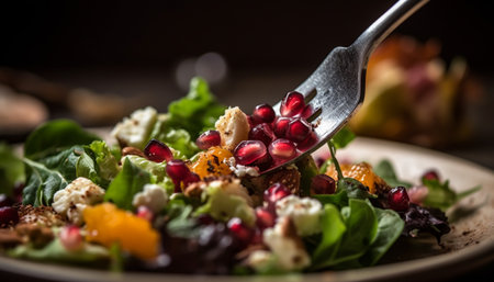 Fresh gourmet salad with organic vegetables and fruit variation generated by artificial intelligenceの素材