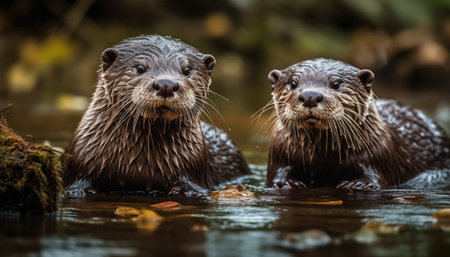 Cute mammal with fur and whiskers looking at camera underwater generated by artificial intelligenceの素材