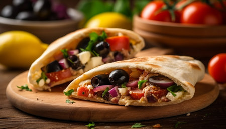 Grilled beef taco with homemade guacamole on rustic ciabatta bread generated by artificial intelligenceの素材