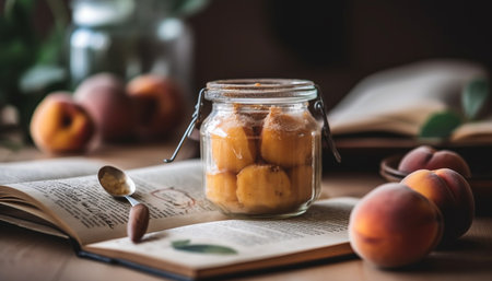 Healthy homemade gourmet snack Peach and apricot preserves on bread generated by artificial intelligenceの素材