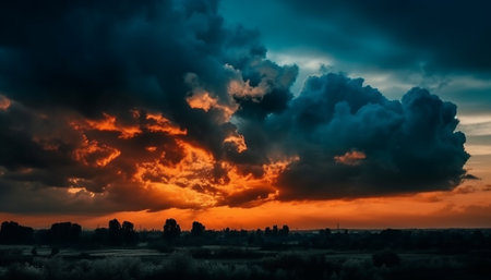 Vibrant sunset sky over rural landscape, a tranquil nature scene generated by artificial intelligenceの素材
