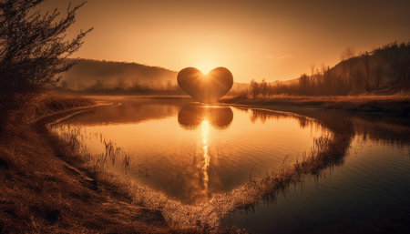 Romantic sunset reflection on tranquil pond, symbol of love and beauty generated by artificial intelligenceの素材