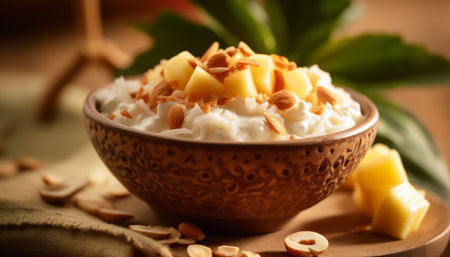 Fresh gourmet snack bowl with organic fruit and rustic bread generated by artificial intelligenceの素材