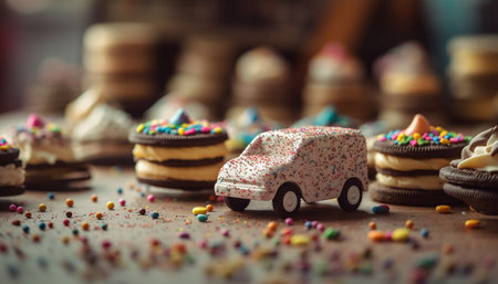 Multi colored cookies with chocolate icing, a sweet indulgence for celebrations generated by artificial intelligenceの素材